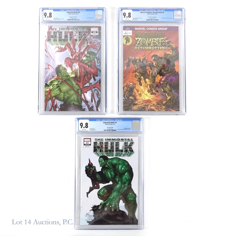 CGC 9.8, Immortal Hulk, Marvel Zombies, MARVEL (3): CGC Graded 9.8 Comics, Immortal Hulk, Marvel Zombies, MARVEL (3). A group of CGC graded 9.8 comic books from Marvel. Marvel Zombies Resurrection #1, Unknown Comics Edition. Immortal Hulk #25, Junggeun