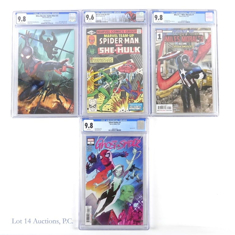 CGC Graded Spider-Verse Comics, MARVEL (4): CGC Graded Spider-Verse Comics, MARVEL (4). A group of CGC graded Spider-Centric comic books from Marvel. Ghost Spider #1, CGC 9.8. What If.... Miles Morales? #1, CGC 9.8. Marvel Team - Up #107, CGC 9