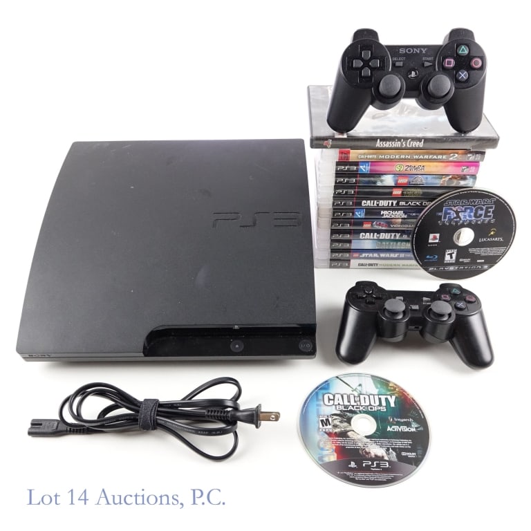 PlayStation 3 Console & Games (14): PlayStation 3 Console (Tested and working) & 14 Games. Model No. CECH-3001A. SN: CF763500564. 160 GB. Includes 2 controllers. Tested and working. Games include: Call of Duty: Modern Warfare 2, Call of