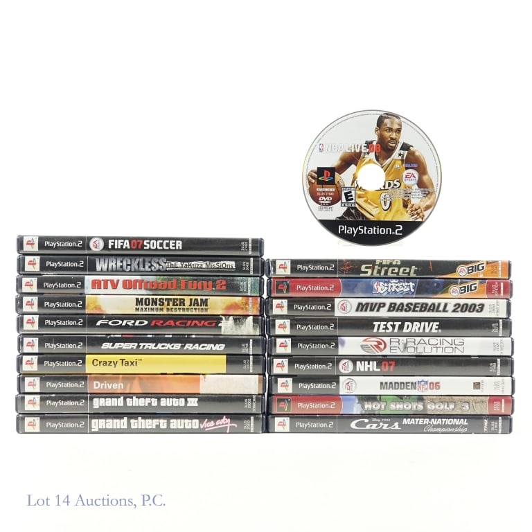 Sony PlayStation 2 PS2 Games (20): 20 Sony PlayStation 2 PS2 games: FIFA 07 Soccer; FIFA Street; NBA Live 08 (in paper sleeve); NBA Street; MVP Baseball 2003; NHL 07; Madden 06; Hot Shots Golf; Carts Mater-National; Grand Theft Auto II
