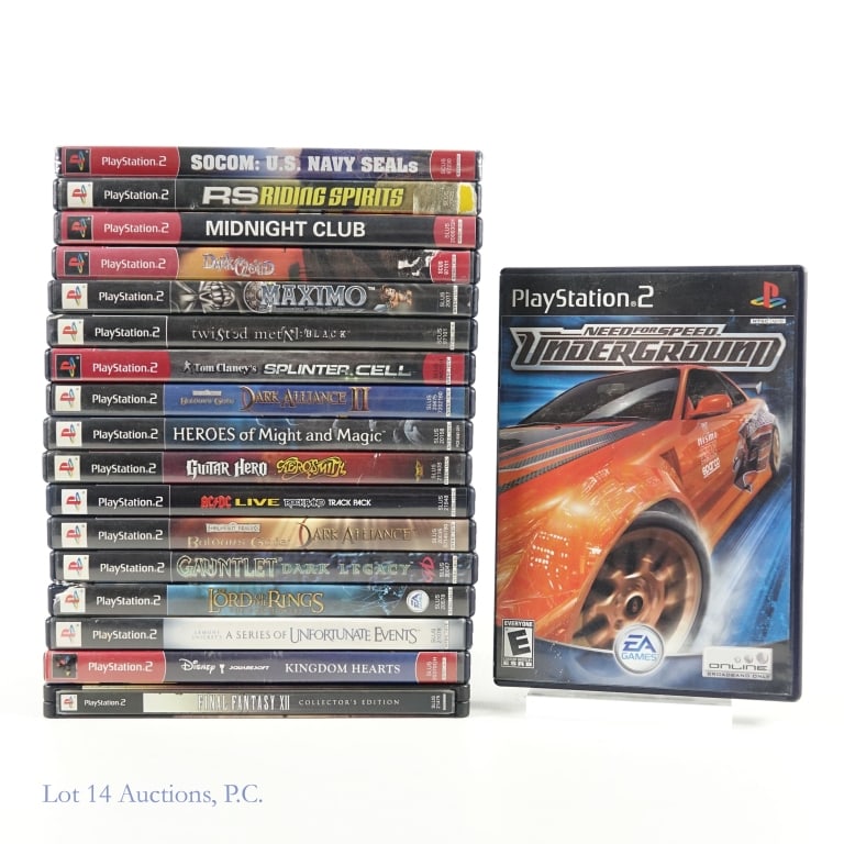 Sony PlayStation 2 PS2 Games (18): 18 Sony PlayStation 2 PS2 games: Twisted Metal Black; Splinter Cell Stealth Action Redefined; Soco: U.S. Navy Seals (sealed unopened); Need For Speed Underground; RS Riding Spirits; Midnight Club Stre