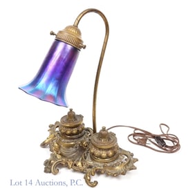 Antique Bronze Double Inkwell Lamp Glass Shade