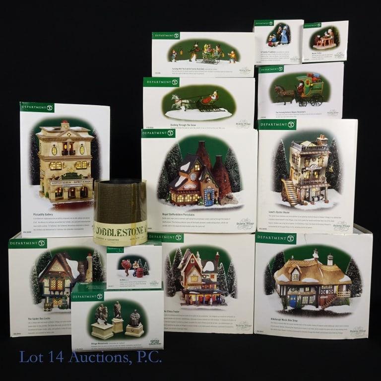 Department 56 Dickens' Village Series (14): Department 56 Dickens' Village Series. 14 pieces. In original boxes. Includes: Royal Staffordshire Porcelains; Leed's Oyster House; Piccadilly Gallery; Aldeburgh Music Box Shop; The China Trader; Vill