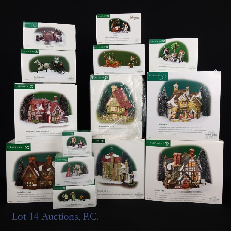 Department 56 Dickens' Village Series (14): Department 56 Dickens' Village Series. 14 pieces. In original boxes. Includes: Tattyeave Knoll; Staghorn Lodge; Abbington Lock Keepers Residence; Hop Castle Folly; Barmby Moore Cottage; Hedgerow Garde