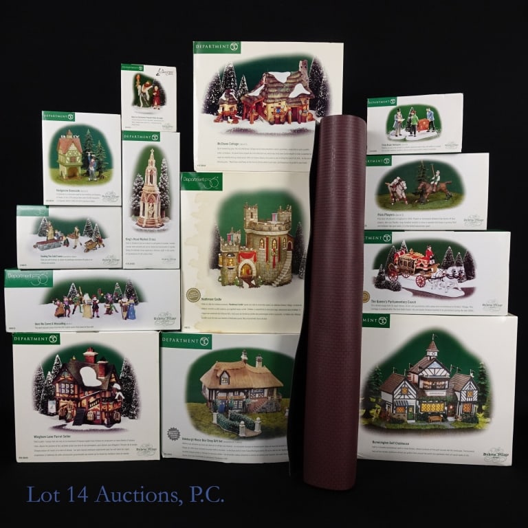 Department 56 Dickens' Village Series (14): Department 56 Dickens' Village Series. 14 pieces. In original boxes. Includes: Aldeburgh Music Box Gift Set; Heathmoor Castle (water damage on the box); Burwickglen Golf Clubhouse; McShane Cottage; Wi