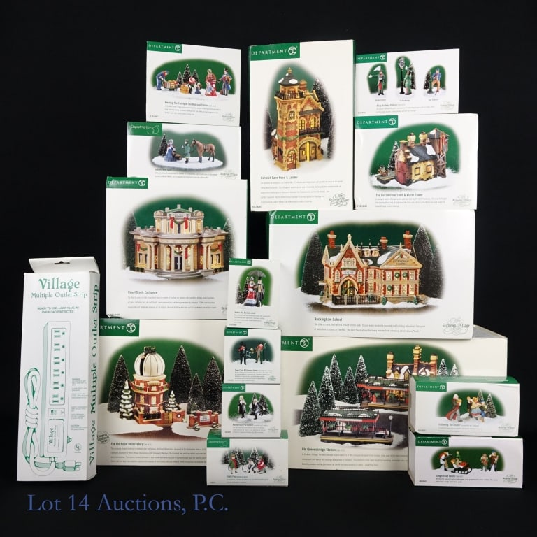 Department 56 Dickens' Village Series (16): Department 56 Dickens' Village Series. 16 pieces. In original boxes. Includes: Old Queensbridge Station; Rockingham School; The Old Royal Observatory; Royal Stock Exchange; Ashwick Lane Hose & Ladder;