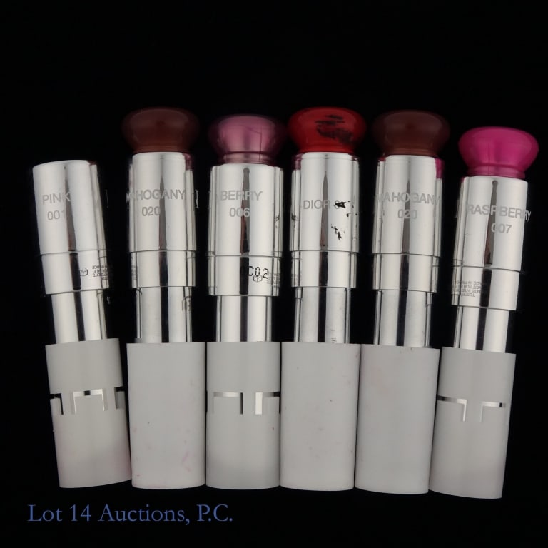 Dior Addict Lip Glow Various Shades (6): Six tubes of Dior Addict Lip Glow lip balm in the following shades: 001, 007, 020, 020, Dior 8, 006. These are brand new and unopened tester containers. Some appear slightly damaged from travel and su