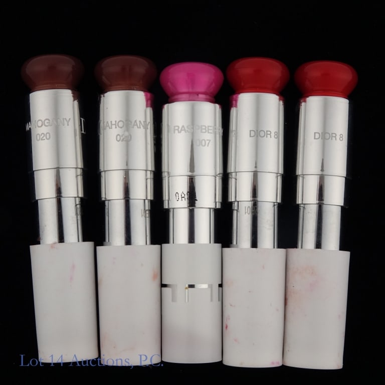 Dior Addict Lip Glow Various Shades (5): Five tubes of Dior Addict Lip Glow lip balm in the following shades: 020, 020, Dior 8, Dior 8, 007. These are brand new and unopened tester containers. Some appear slightly damaged from travel and suc