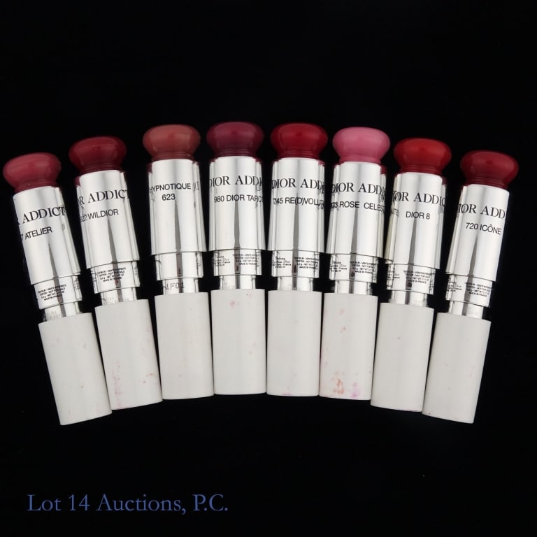 Dior Addict Lipstick Various Shades (8): Eight tubes of Dior Addict Lip Glow lip balm in the following shades: DIOR 8, 720, 745, 373, 527, 623, 922, 980. These are brand new and unopened tester containers. Some appear slightly damaged from t
