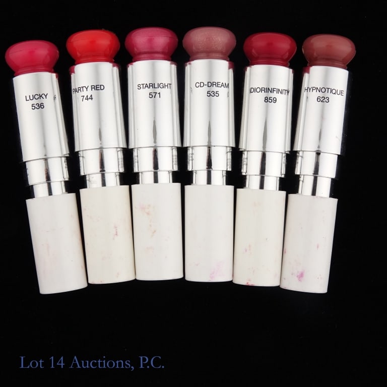 Dior Addict Stellar Shine Various Shades (6): Six tubes of Dior Addict Stellar Shine lipstick in the following shades: 623, 859, 744, 571, 535, 536. These are brand new and unopened tester containers. Some appear slightly damaged from travel and 