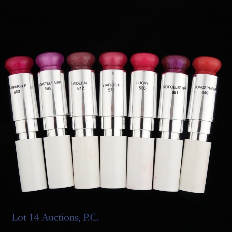 Dior Addict Stellar Shine Various Shades (7): Seven tubes of Dior Addict Stellar Shine lipstick in the following shades: 863, 536, 595, 612, 891, 649, 571. These are brand new and unopened tester containers. Some appear slightly damaged from trav