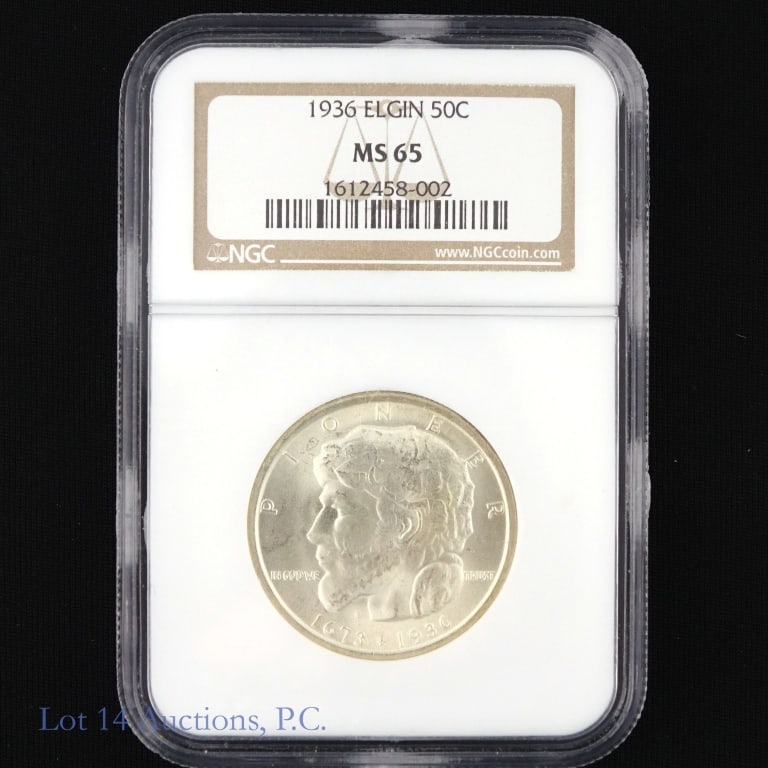 1936 USA Silver Elgin IL 100th Ann 50c (NGC MS 65): 1936 United States silver Elgin Illinois Centennial commemorative half dollar. Designer Trygve Rovelstad. NGC graded MS 65. Mintage 20,013. *** Lot 14 Auctions is not a professional numismatic grading