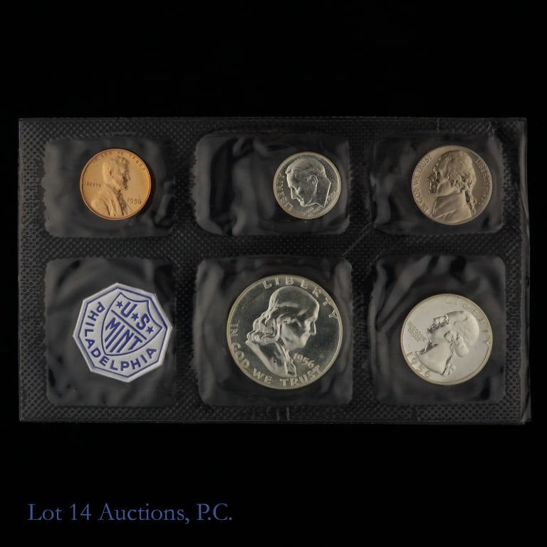 1956 USA Silver Proof 5-Coin Set in OGP: 1956 United States silver proof 5-coin set (Philadelphia Mint) in original blister pack. The dime, quarter and half dollar coin's metal is 90% silver. Mintage is 669,384. Whitman's 2026 Red Book price