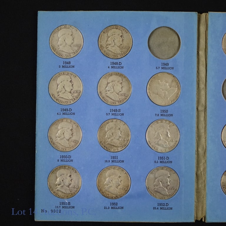1948 - 1963 USA 90%-Silver Franklin 50c (27): (CORRECTED 5:45PM, 10/22). Twenty-seven (27) United States silver Franklin half dollars (Philadelphia, Denver, San Francisco Mints) in blue Whitman folder. Estimated ASW is 9.7 troy ounces. 1948p, d; 