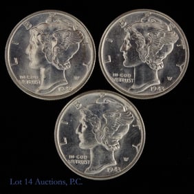 1943-D USA Silver Mercury Dimes GEM BU FSB, 3