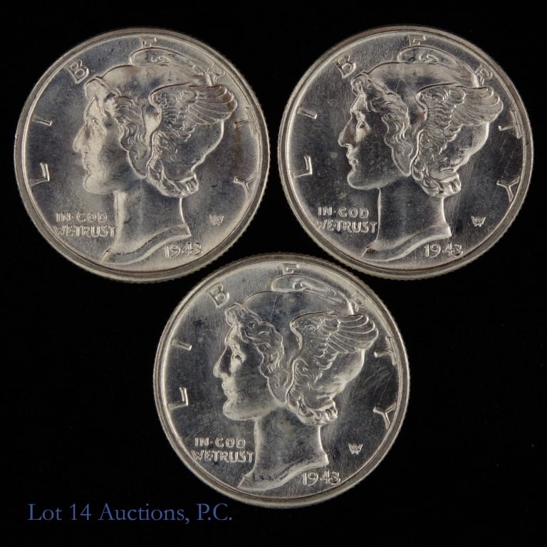 1943-D USA Silver Mercury Dimes GEM BU FSB, 3: Three (3) 1943-D United States 90%-silver mercury dimes (Denver Mint). Per consigner, in GEM BU condition with FSB from an original roll. PCGS survival estimate of 12,000 (R-2.9) in grades MS-65 or be