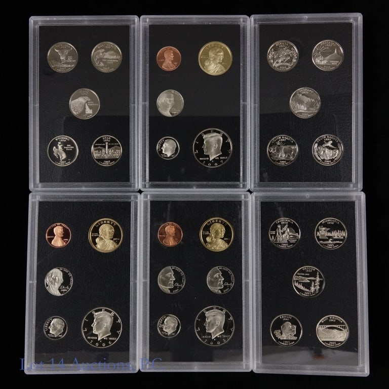 2005s & 2007s US Mint Silver Proof Sets (3): Three (3) United States Mint silver 10-coin proof sets (San Francisco Mint). Silver coins metal is 90% silver. In original US Mint sealed plastic holders. Details as follows: ---2005-s silver proof 11