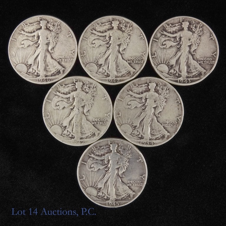 1942-1946 USA W/L 90%-Silver Half Dollars (6): Six (6) United States silver walking liberty half dollars (Philadelphia, Denver Mints). Metal is 90% silver and weighs 12.50 grams each. Estimated total ASW 1.8 troy ounces. Dates as follows: ---1942