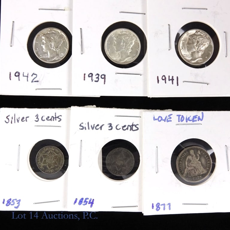 1853 - 1942 Various USA 90%-Silver Coins (6): Six (6) United States 90%-silver three cent pieces and dimes as follows: ---1853 silver 3 cent piece; ---1854 silver 3 cent piece (mintage 671,000); ---1877 seated liberty dime / love token; ---1939 m