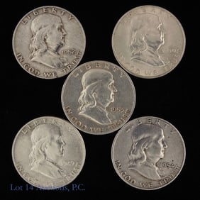 1949-1954 USA Franklin 90%-Silver Half Dollars (5)