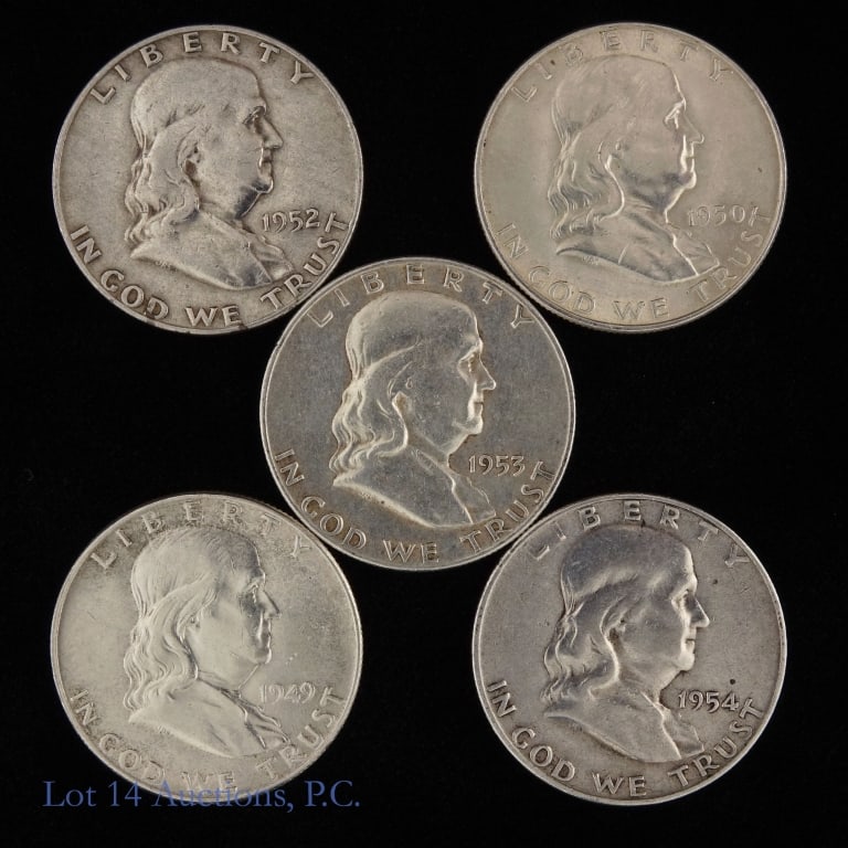 1949-1954 USA Franklin 90%-Silver Half Dollars (5): Five (5) United States silver Franklin half dollars (Philadelphia, Denver Mints). Metal is 90% silver and weighs 12.50 grams each. Estimated total ASW 1.8 troy ounces. Dates as follows: ---1949 (P) BU