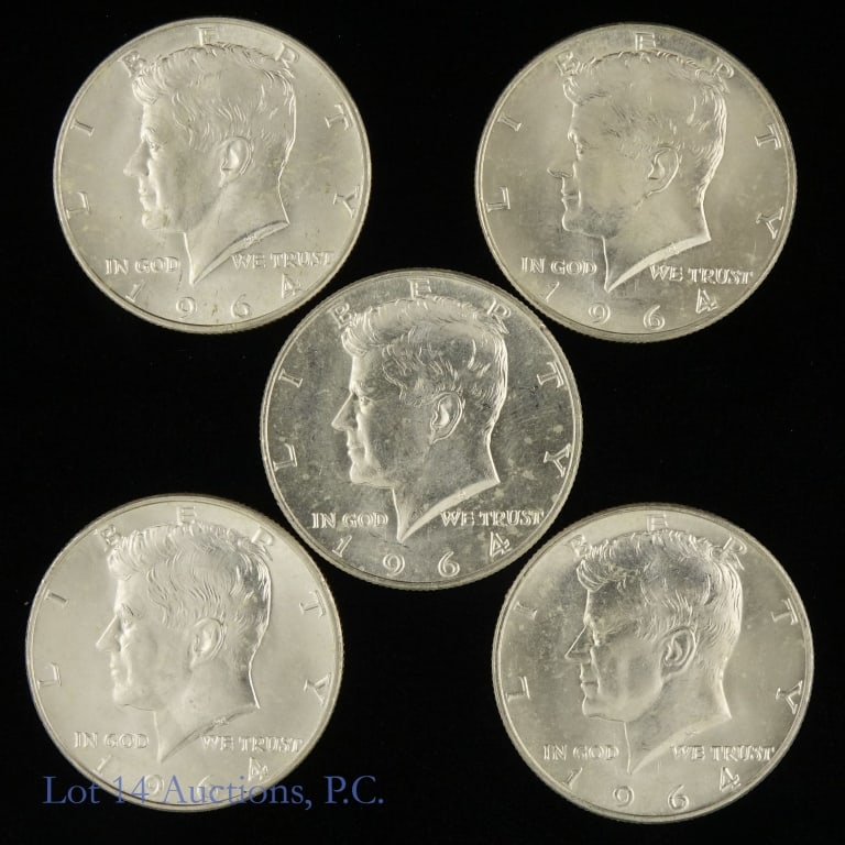 1964-D USA 90%-Silver Kennedy Half Dollar - BU (5): Five (5) 1964-D United States silver Kennedy half dollars (Denver Mint). Designer Gilroy Roberts and Frank Gasparro. Per consigner, in BU condition. Metal is 90% silver and ASW is 0.36169 ozt. each co