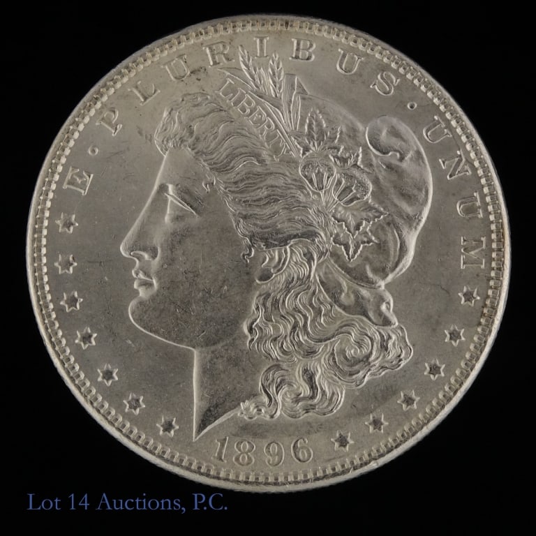 1896 (P) USA Silver Morgan Dollar (CH BU): 1896 (P) United States silver Morgan dollar (Philadelphia Mint). Designer is George T. Morgan. Per consigner, in CH BU condition with original luster. Metal is 90%-silver and weighs 26.73 grams. Minta
