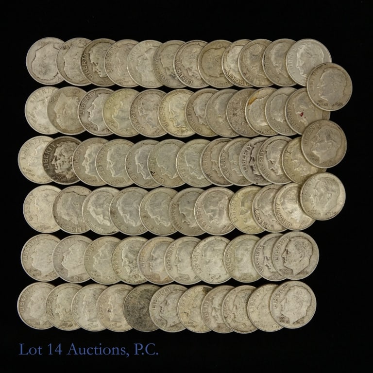 USA 90%-Silver Roosevelt Dimes (70): Seventy (70) 90%-silver Roosevelt dimes. Metal is 90% silver and the actual silver weight (ASW) is estimated a little over five troy ounces. *** Lot 14 Auctions is not a professional numismatic gradin