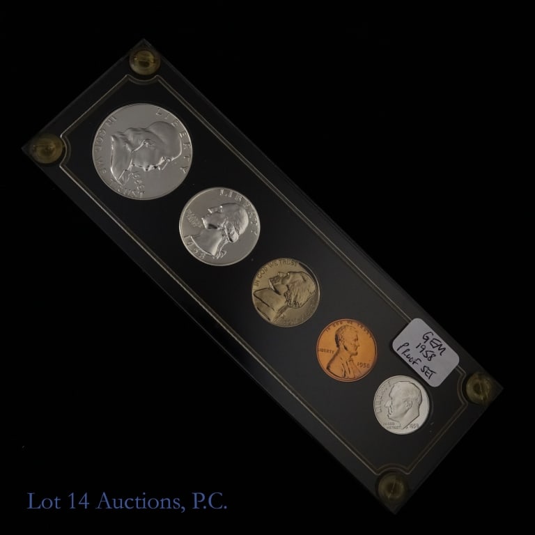 1958 (P) USA 5-Coin Silver Proof Set (GEM PR): 1958 (P) United States 5-coin silver proof set (Philadelphia Mint) in Plexiglas Capital Holder. Per consigner, coins in GEM proof condition. Dime, quarter and half dollar coins' metal is 90% silver. M