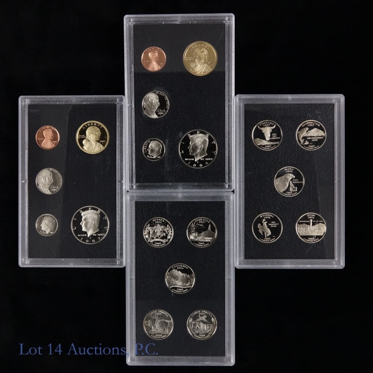 2006s & 2007s U.S. Mint Silver Proof Sets (2): Two (2) United States Mint silver 10-coin proof sets (San Francisco Mint). Silver coins metal is 90% silver. In original US Mint sealed plastic holders. Details as follows: ---2006-s silver proof 10-c