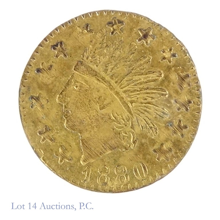 1880 USA 1/4 Gold Round California Token: 1880 United States round California 1/4 gold token. A small "denominated" token with obverse of a large Indian head with 13 stars and the date and reverse "1/4" value and "CAL GOLD" with star in wreat