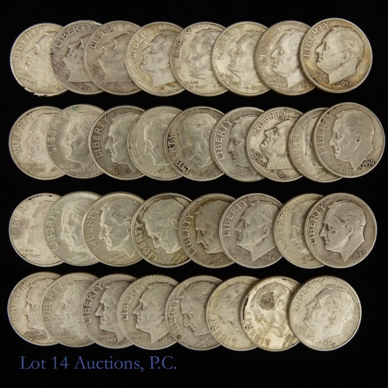 USA 90%-Silver Roosevelt Dimes (33): Thirty-three (33) United States 90%-silver Roosevelt dimes. ASW is approximately 2.39 ozt. *** Lot 14 Auctions is not a professional numismatic grading agency. Consigner descriptions are provided as a