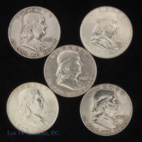 1953-1963 USA Franklin 90%-Silver Half Dollars (5)