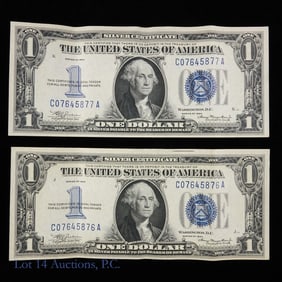 1934 USA $1 Silver Cert Blue w/ Cons S/Ns AU+ (2)
