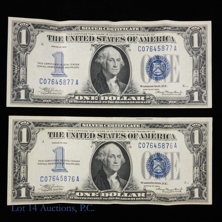 1934 USA $1 Silver Cert Blue w/ Cons S/Ns AU+ (2): Two (2) (F-1606) series 1934 United States $1 silver certificates - blue seal with "funnyback" reverse (Julian / Morgenthau). Has consecutive serial numbers C-07645876-A to C-07645877-A. (NOTE: both S