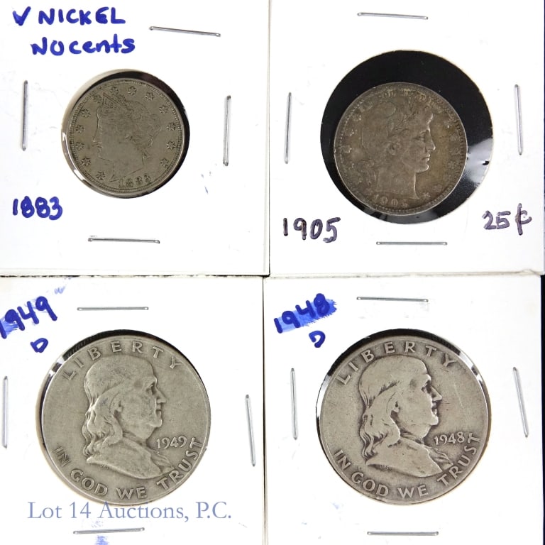 1883 - 1949 USA 90%-Silver & Other Coins (4): Four (4) various United States 90%-silver and nickel coins as follows: ---1883 liberty head nickel no cents variety; ---1905 silver Barber 25c; ---1948-d silver Franklin 50c; and 1949-d silver Frankli