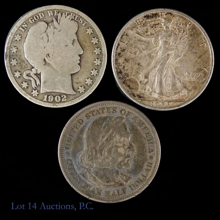 1893, 1902s & 1933s USA 90%-Silver 50c (3): Three (3) United States silver half dollars (Philadelphia, San Francisco Mints). Metal is 90% silver and weighs 12.5 grams each. Details as follows: ---1893 (P) Columbian Expo commemorative 50c (m 1,5