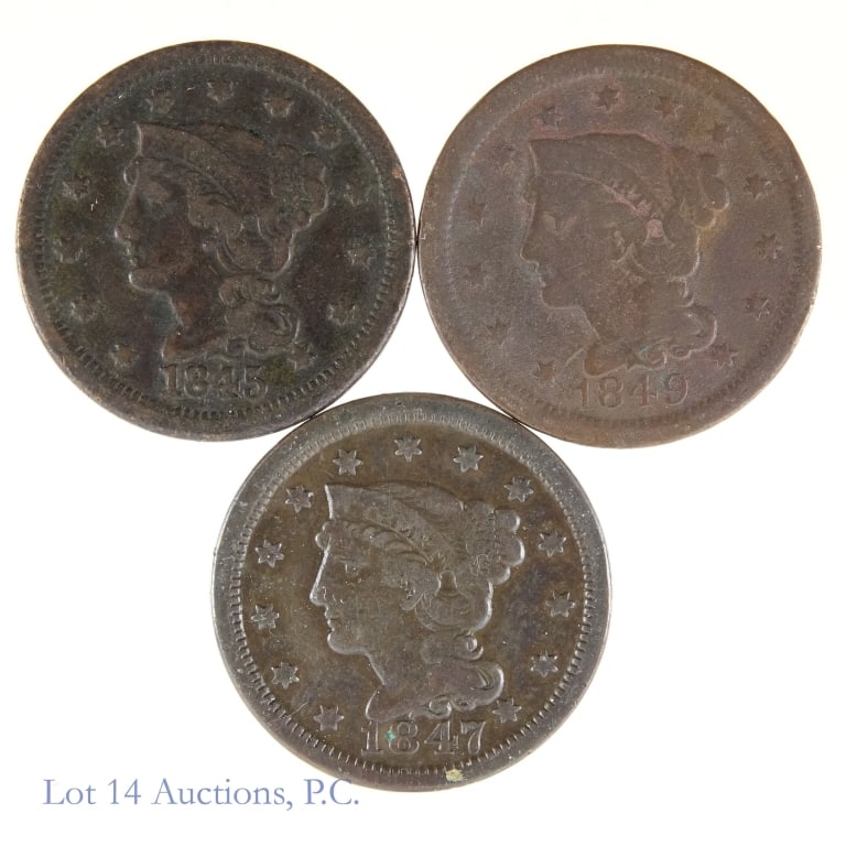 1845, 1847 & 1849 USA Braided Hair Large Cents (3): Three (3) scarce United States copper braided hair large cents (Philadelphia Mint). Designer Christian Gobrecht. Dates, mintages and PCGS survival estimates (SE) as follows: ---1845 (P) mintage of 3,8