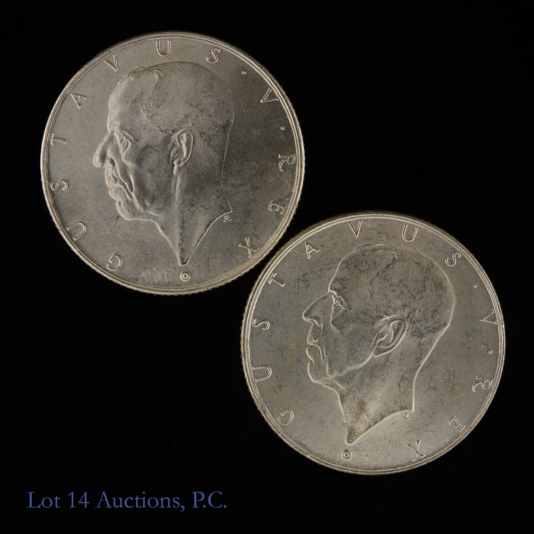 1938 Sweden 80%-Silver Comm. 2 Kronor (2): Two (2) 1938 Sweden silver King Gustaf V two kronor coins (Kungliga Myntet, Kungsholmen Sweden). Commemorates 300th anniversary of founding of "new Sweden", the Delaware settlement. Reverse features s