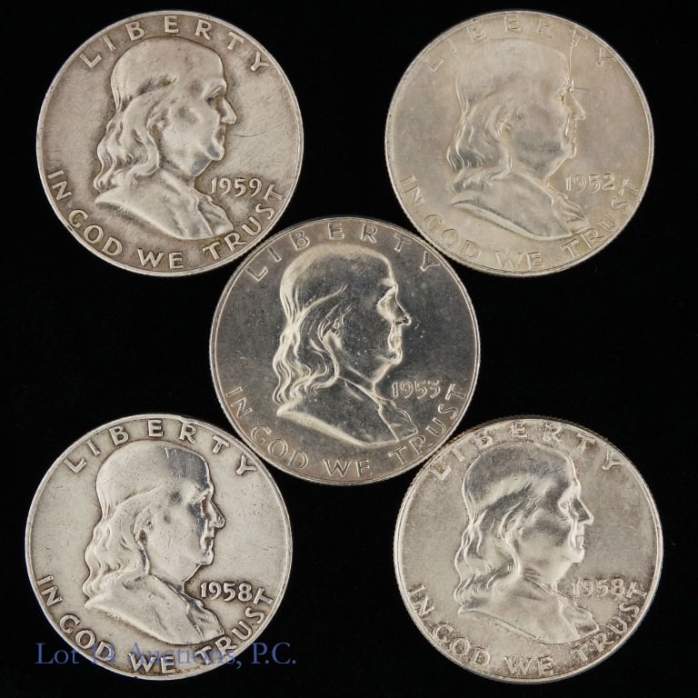 1952-1959 USA Franklin 90%-Silver Half Dollars (5): Five (5) United States silver Franklin half dollars (Philadelphia, Denver Mints). Metal is 90% silver and weighs 12.50 grams each. Estimated total ASW 1.8 troy ounces. Dates as follows: ---1952-D; ---