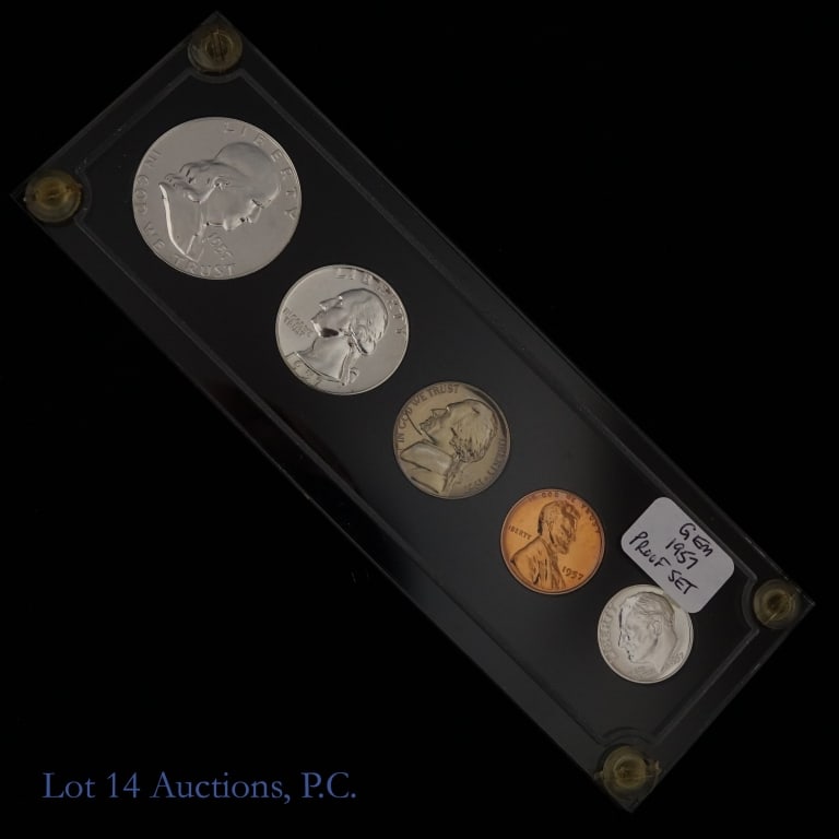 1957 (P) USA 5-Coin Silver Proof Set (GEM PR): 1957 (P) United States 5-coin silver proof set (Philadelphia Mint) in Plexiglas Capital Holder. Per consigner, coins are GEM proof. Dime, quarter and half dollar coins' metal is 90% silver. Mintage is