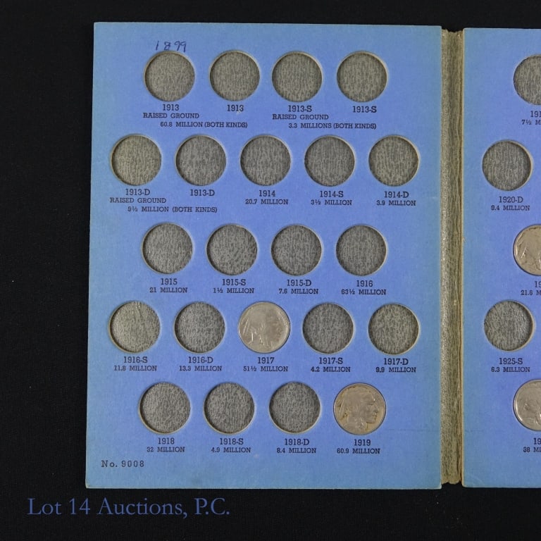 USA Buffalo Nickels (33): Thirty-three (33) United States buffalo nickels in blue Whitman folder and loose in a bag. Low mintage dates in folder include: --1926-s, --1928-s, --1929-d, --1934-d, --1935-s, --1935-d, --1937-s, an