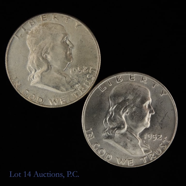 1952p & 1952d USA 90%-Silver Franklin 50c (CH BU): Two (2) United States silver Franklin half dollars (Philadelphia, Denver Mints). Per consigner, both coins are in CH BU condition pulled from original rolls as follows: ---1952 (P); and ---1952-D. ***
