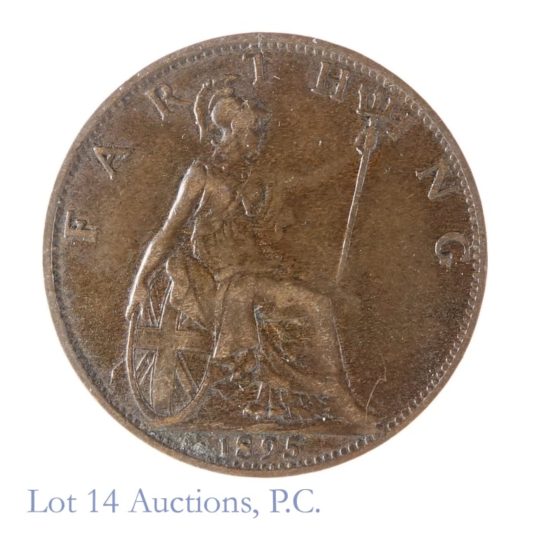 1895 Great Britain Victoria Farthing (Unc.?): 1895 Great Britain "veiled head" Victoria copper one farthing coin (Royal Mint). Designers obverse is Thomas Brock and reverse is Leonard Charles Wyon. Per consigner, in brown uncirculated condition w