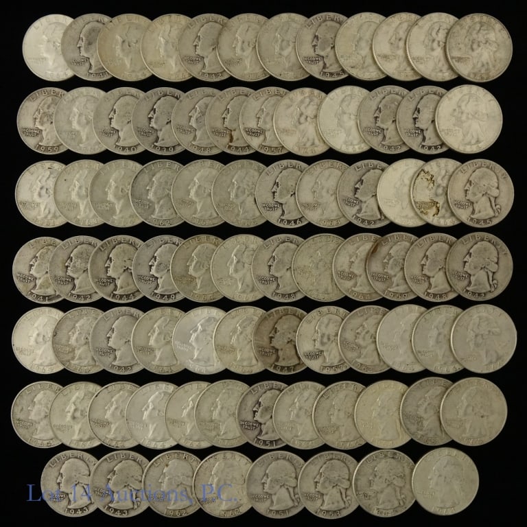 1964 & Prior USA 90%-Silv Washington Quarters -80: Eighty (80) United States 90% silver 1964 and earlier Washington quarters. ASW is estimated at 14.30 troy ounces. Face value is $20. *** Lot 14 Auctions is not a professional coin grading agency. Cons