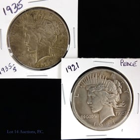 1921 & 1935s USA 90%-Silver Peace Dollars (2)