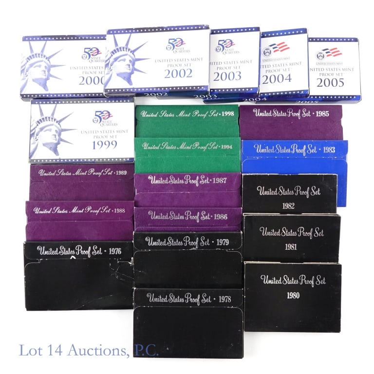1976s - 2005-s U.S. Mint Clad Proof Sets (20): Twenty (20) United States Mint clad proof sets (San Francisco Mint) in OGP. "Proof" describes the method of manufacture which produces sharp detail, high wire edge and extremely brilliant mirrorlike s