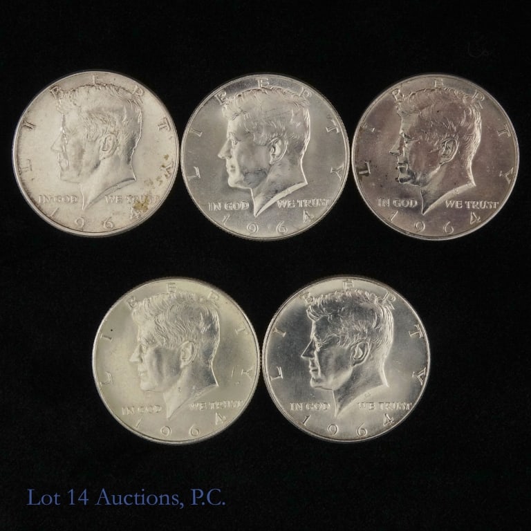 1964 USA Kennedy 90%-Silv Half Dollars MOST BU (5): Five (5) 1964 United States silver Kennedy half dollars (Philadelphia Mint). Per consigner, most in BU condition. Metal is 90% silver and weighs 12.50 grams each. Estimated total ASW 1.8 troy ounces.