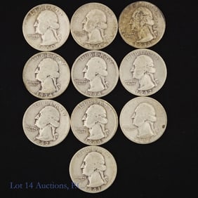 1934 - 1950 USA 90%-Silver Washington Quarters, 10