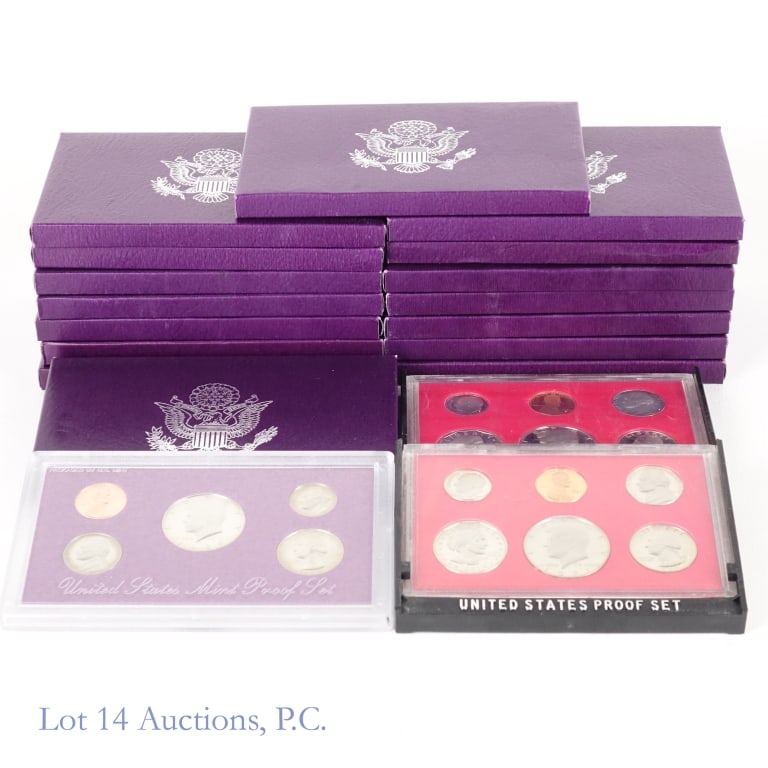 1981s - 1993s U.S. Mint 5 & 6 Coin Proof Sets (18): Eighteen (18) United States various clad proof sets (San Francisco Mint) in OGP, per consigner, stored in safe since being purchased as follows: ---1981-s 6-coin sets (2); ---1987-s 5-coin sets (4); -